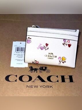 COACH Mini Skinny ID Card Case Wallet & Keychain CW967 Heart Print Gold Hrdw NWT